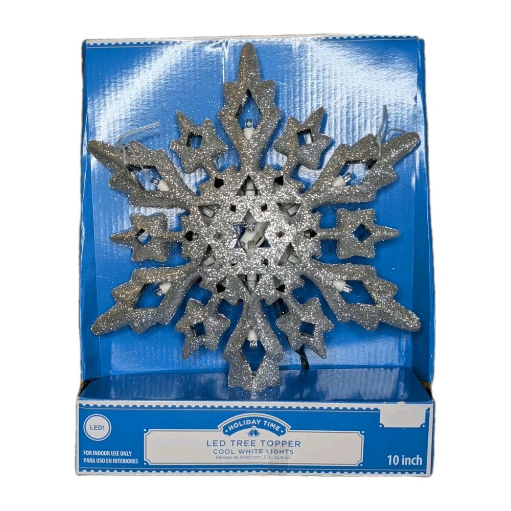 HOLIDAY TIME LED SILVER SNOWFLAKE CHRISTMAS TREE TOPPER COOL WHITE 10"